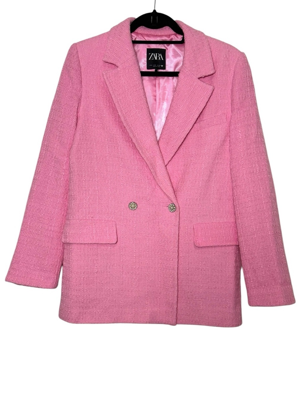 Zara Blazer Jacket Size Small Pink Tweed Rhinestone Button Classic Lined